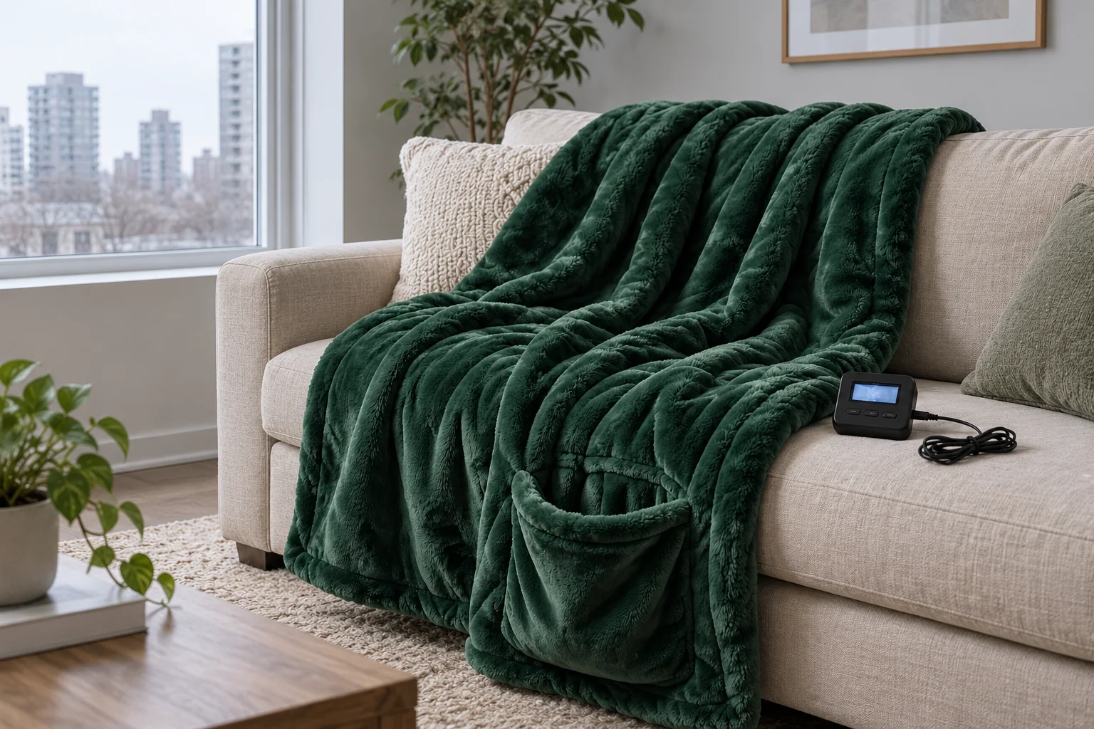 A forest-green heated throw on a beige sofa in a naturally lit apartment