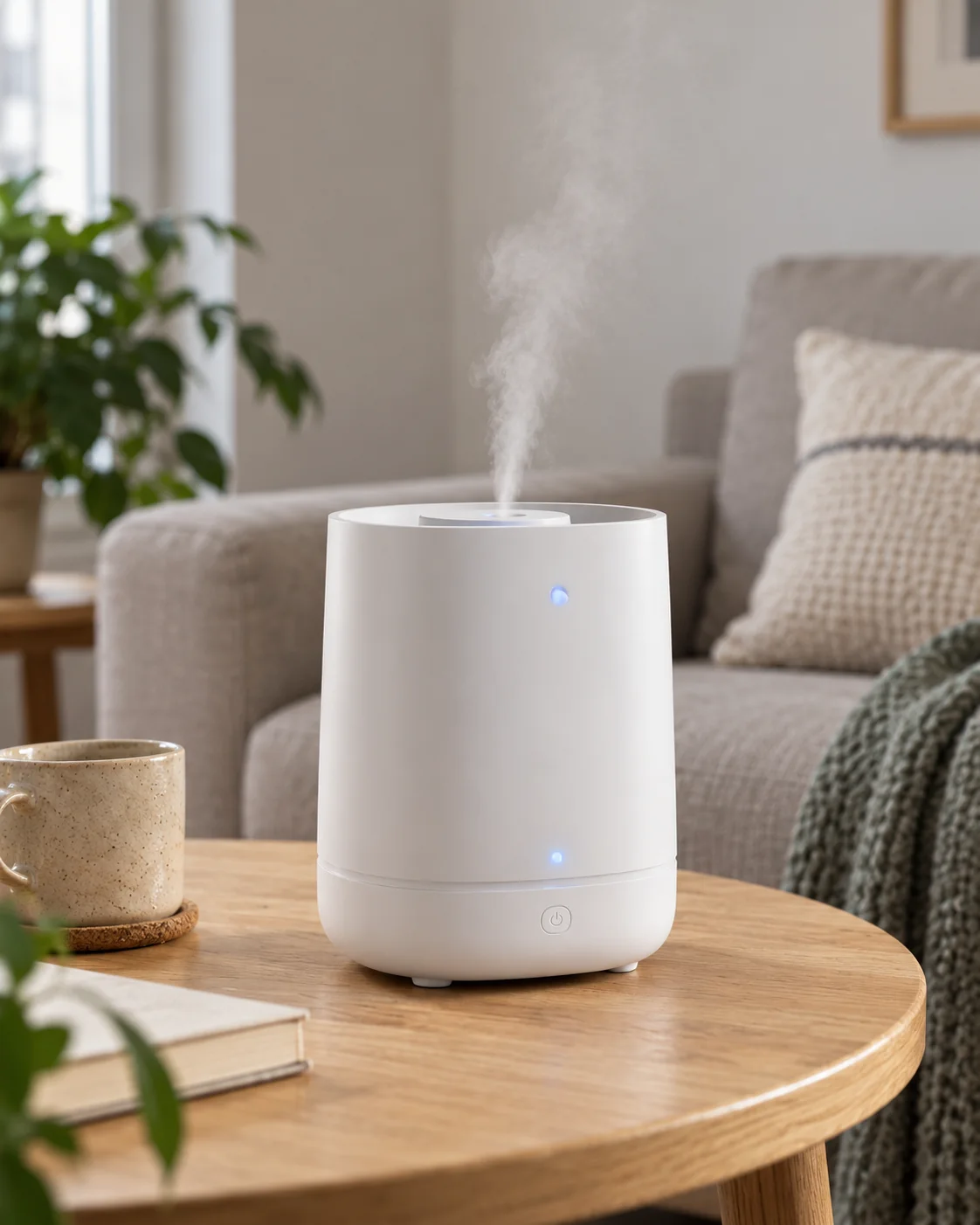 A cool mist humidifier in a softly lit living room